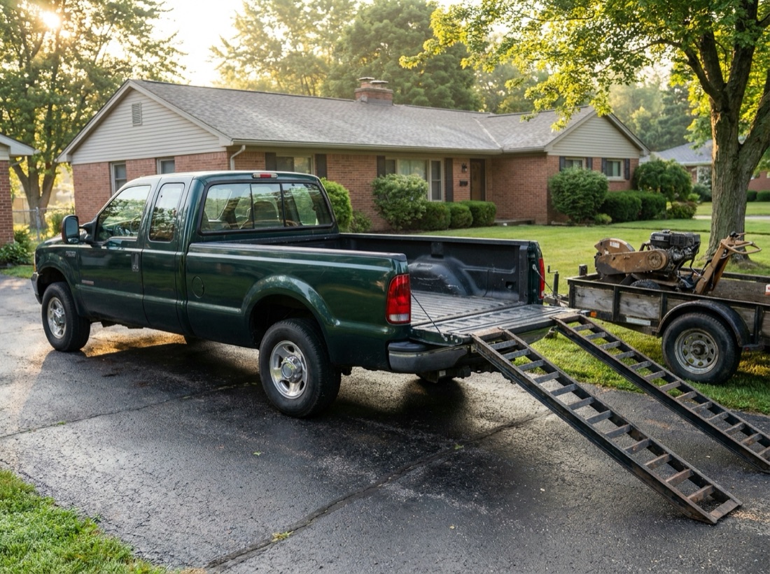 Work truck and professional stump grinder ready for a job